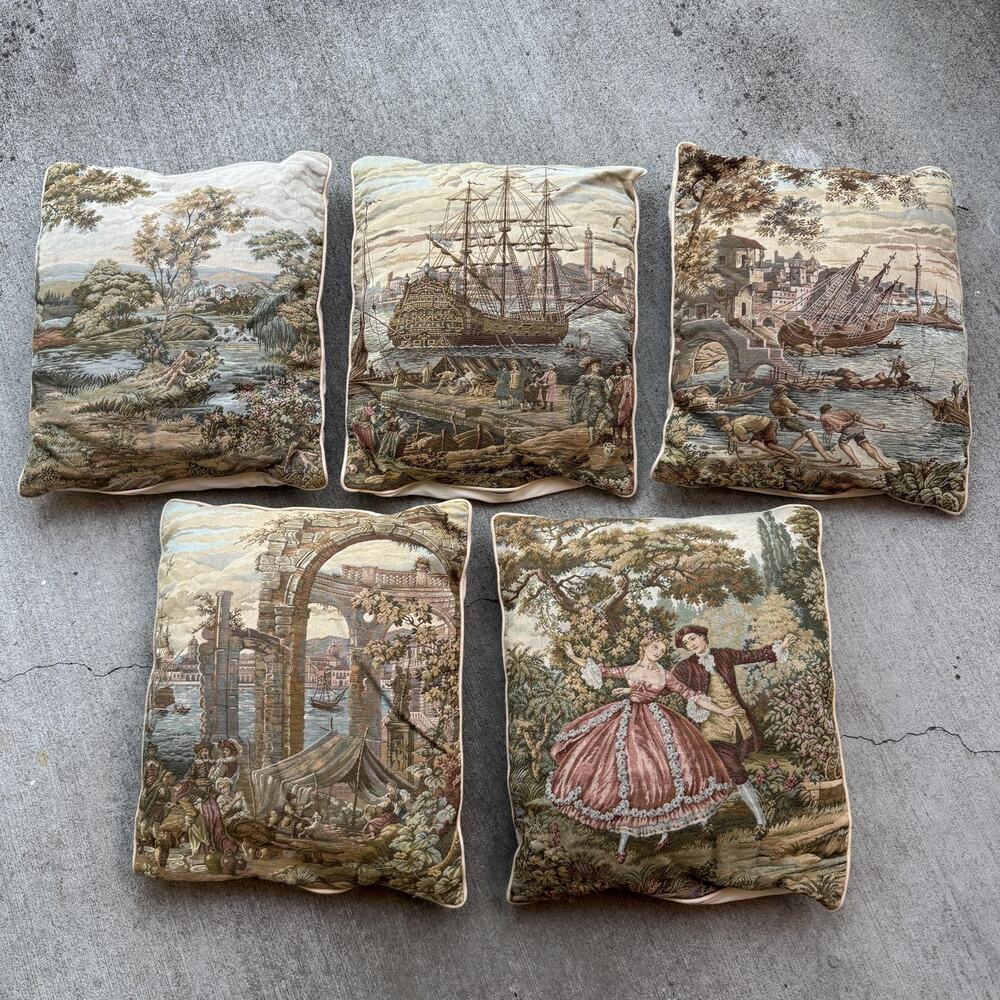 Set 5 Vintage European Tapestry Throw Pillows 16x16 Scenic Italy Decor